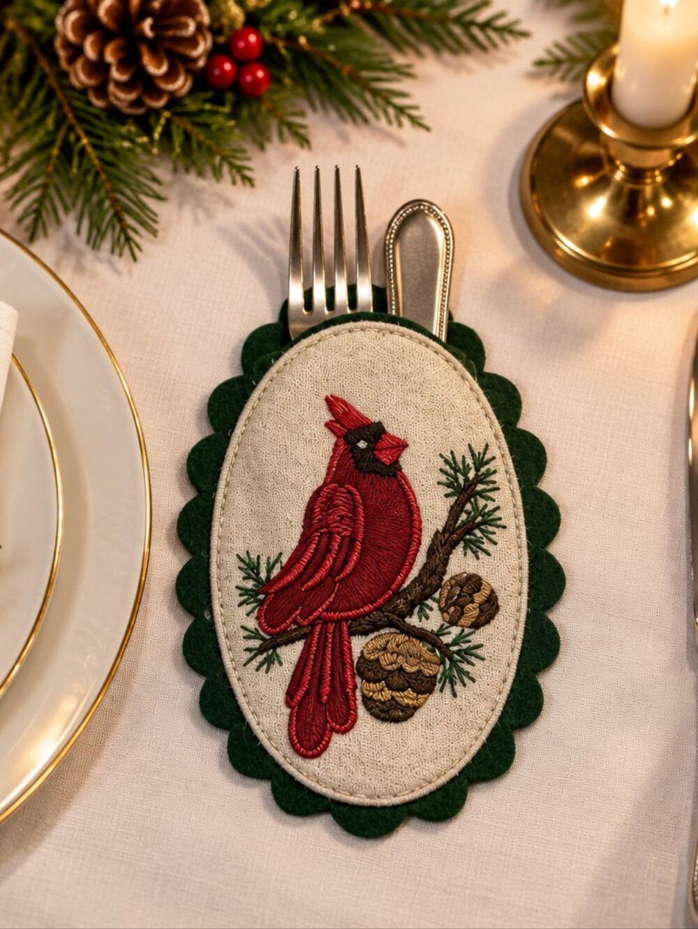 Red Cardinal Napkin/Cutlery Holders Christmas Festive Table Set Of 8